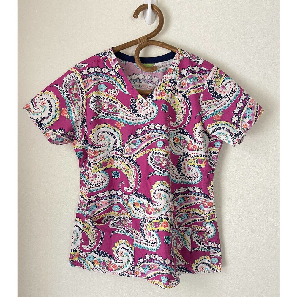 Vera Bradley Scrub Top Size M Pink Floral Paisley All-Over Print V-Neck Pockets